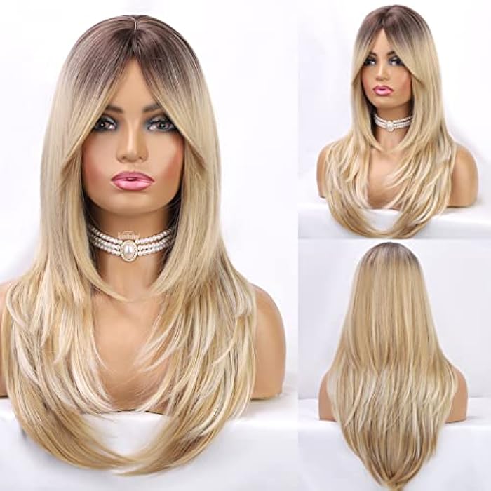 DILLARDS Long Blonde Wig For Women Tantako Long Blonde Ombre Dark Roots Wig Layered Synthetic Hair Wig Women (343 Blonde Ombre) - Image 4